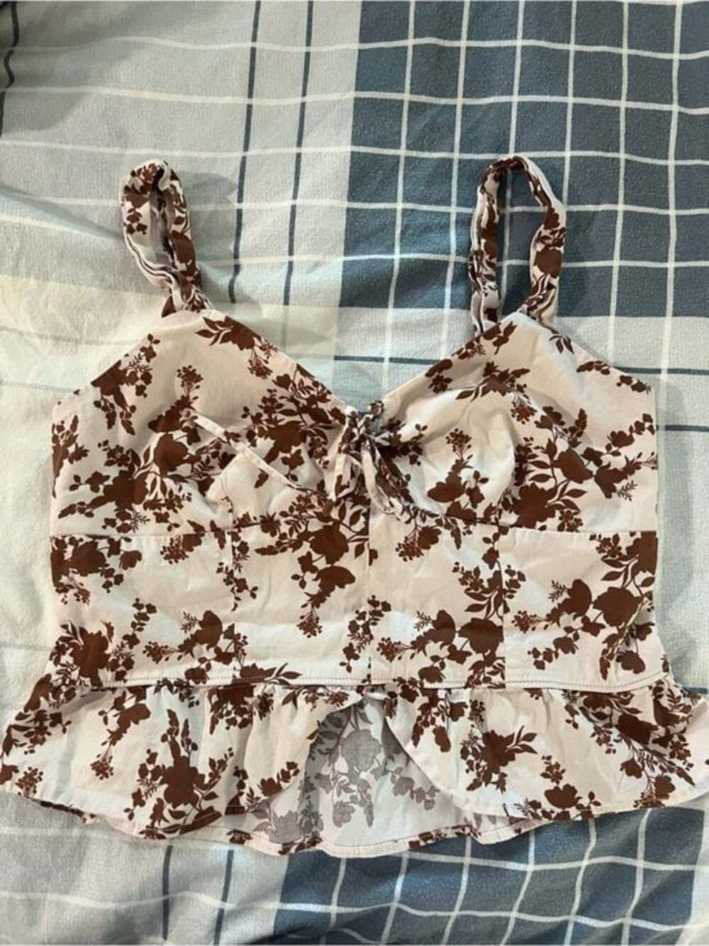 meraki White Cami with Brown Floral Tie-Front Ruffle